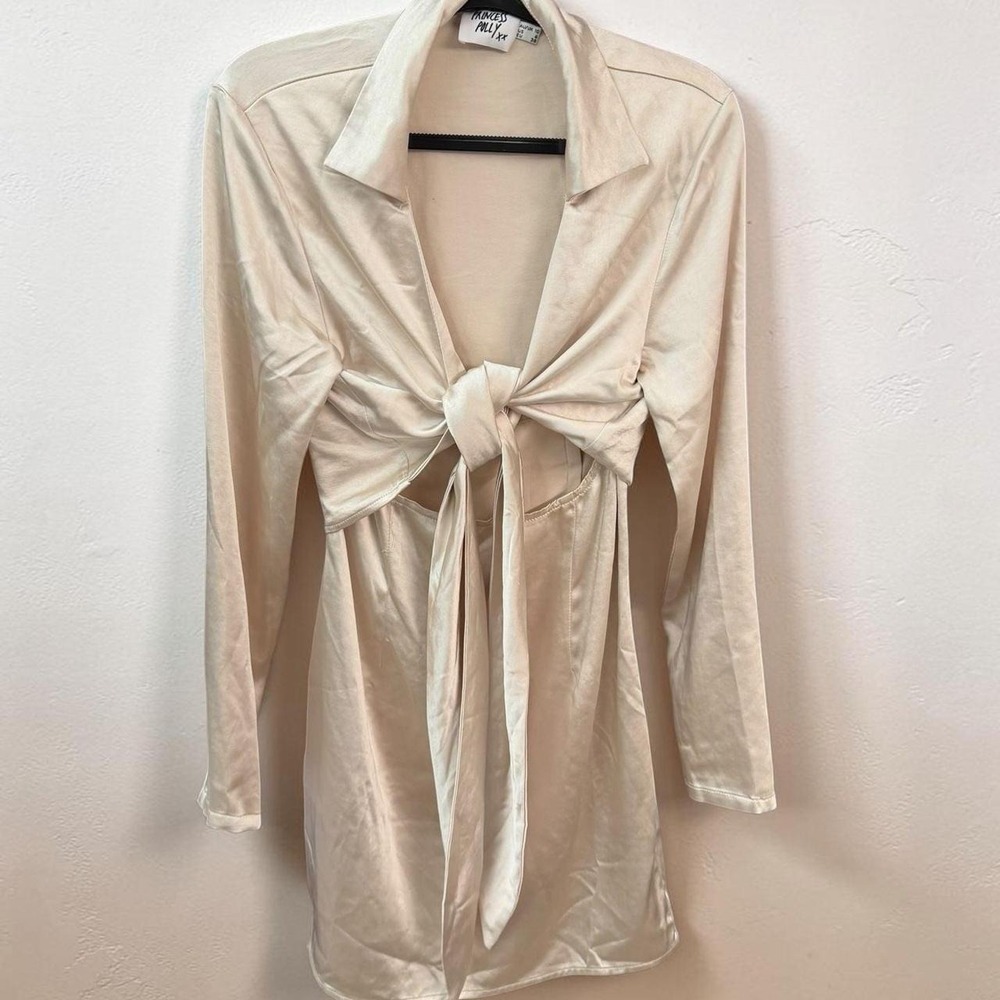 Princess Polly Monty Satin Long Sleeve Tie Front Mini Dress in Champagne - 6